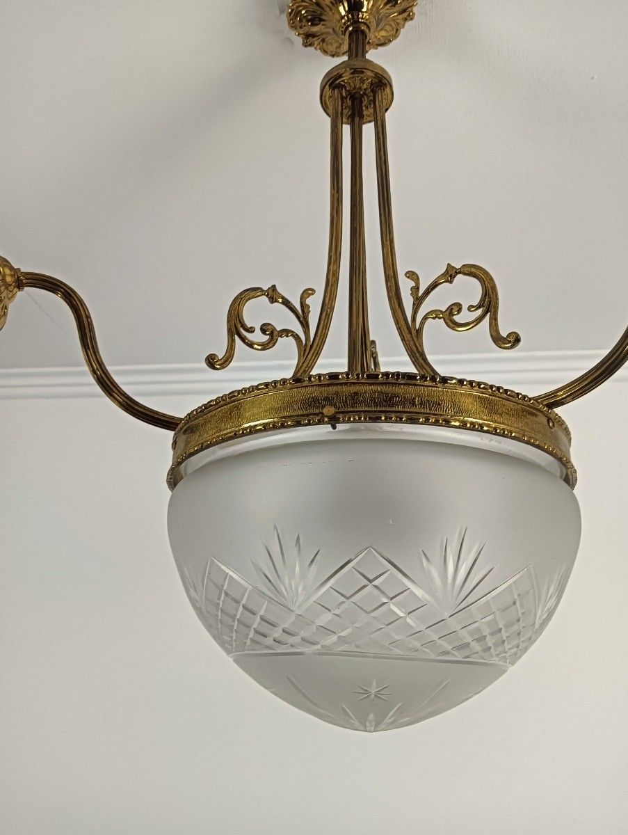 Art Deco Antique Chandelier 4 Lights 3 Arm Decorative Etched Glass French Empire photo vinterior