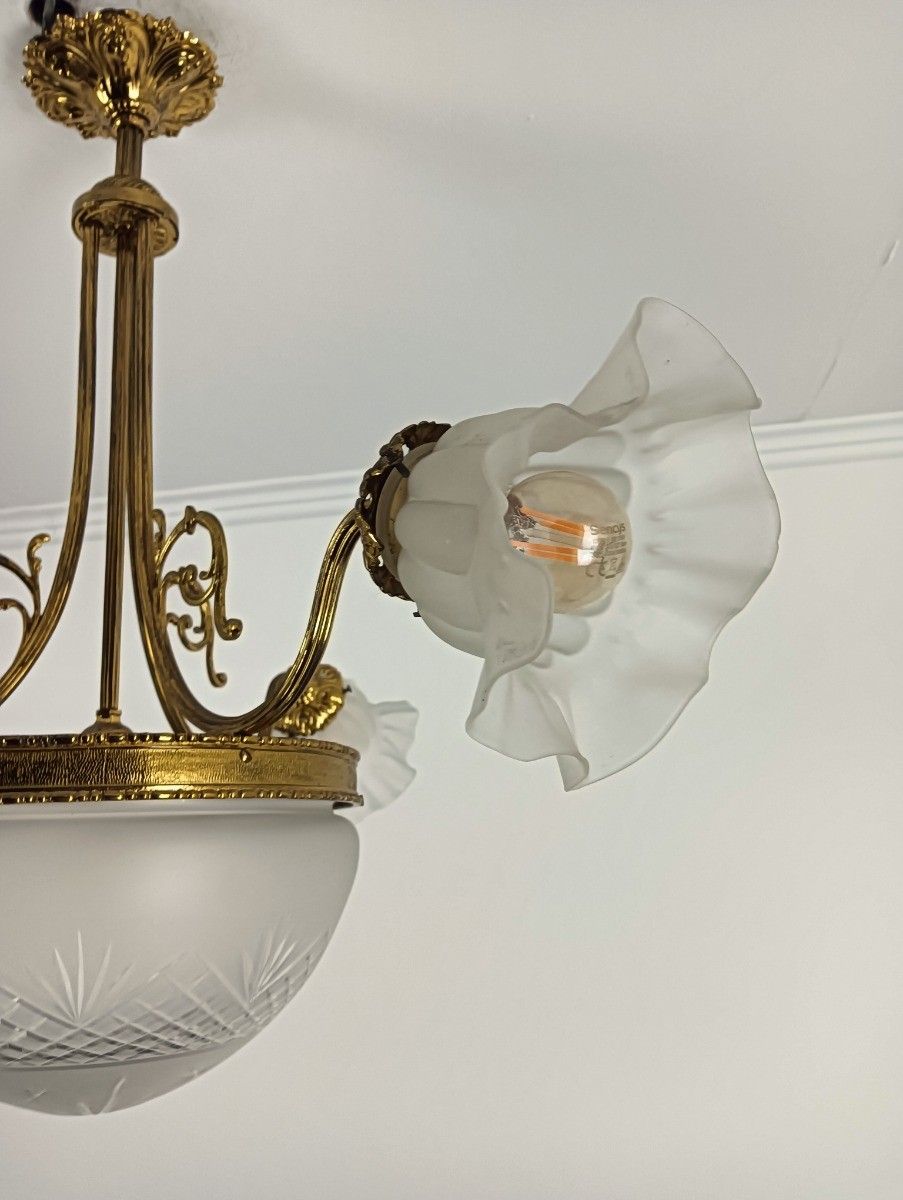 Art Deco Antique Chandelier 4 Lights 3 Arm Decorative Etched Glass French Empire photo buy