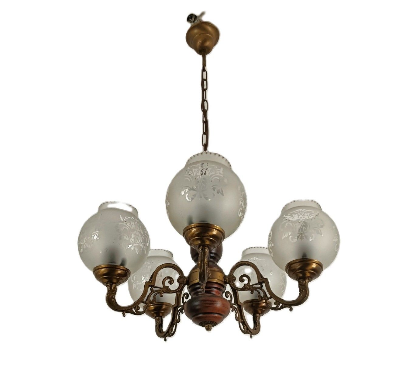 Vintage Chandelier 5 Arm Lights Wood Etched Art Glass Shades Fixture