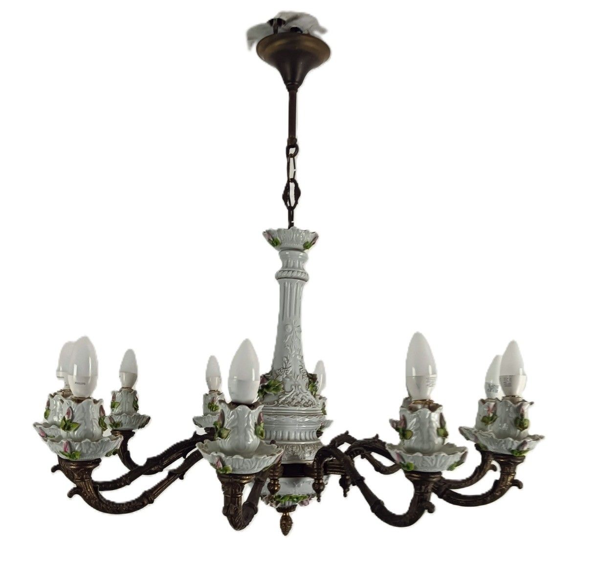 Capodimonte Porcelain Bronze Chandelier 10 Arm Lights, White, Italy Vintage