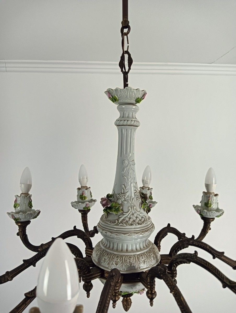 Capodimonte Porcelain Bronze Chandelier 10 Arm Lights, White, Italy Vintage photo 1073.0