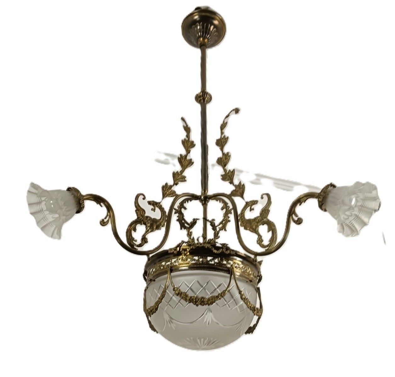 Large Art Deco Antique Chandelier 4 Lights 3 Arm Decorative Etched Glass French