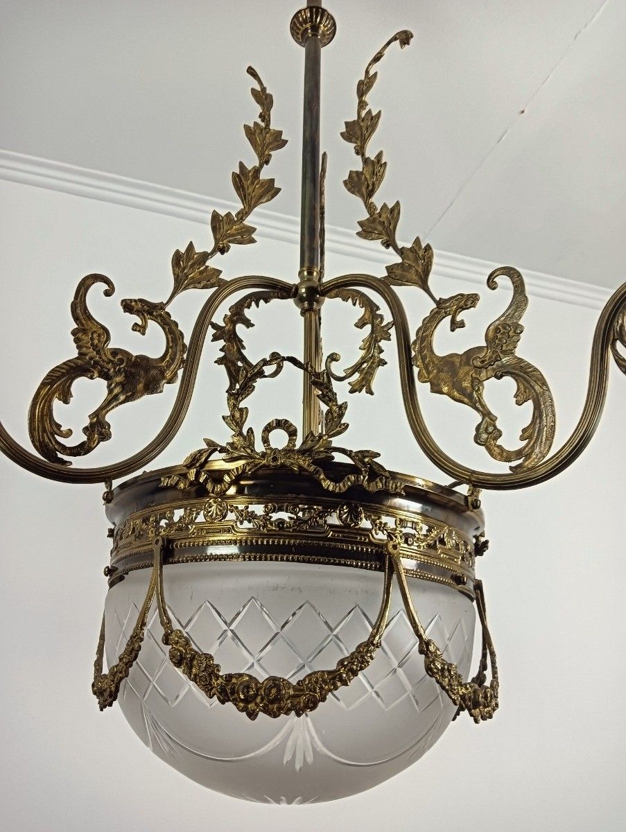 Large Art Deco Antique Chandelier 4 Lights 3 Arm Decorative Etched Glass French photo buy