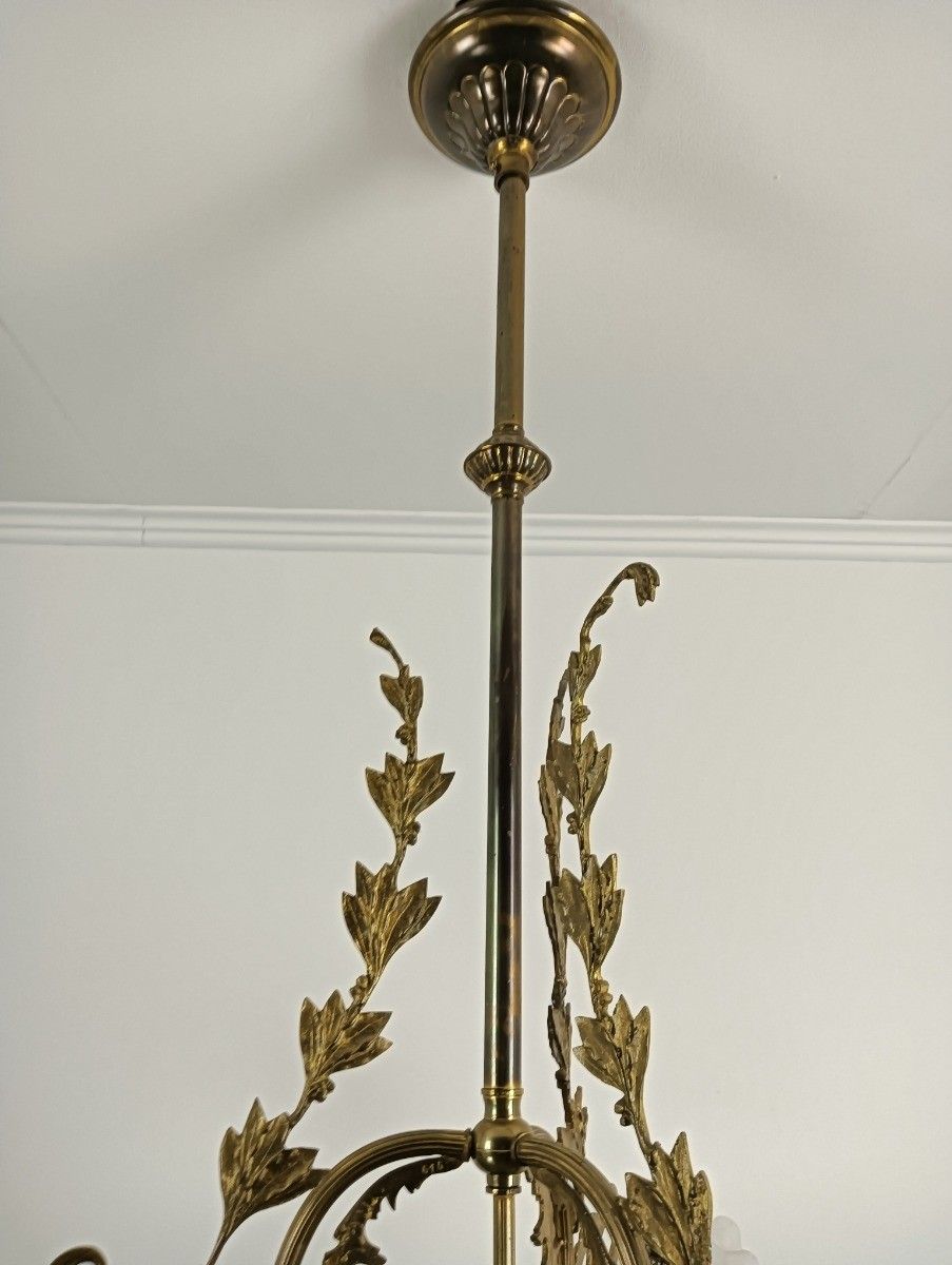 Large Art Deco Antique Chandelier 4 Lights 3 Arm Decorative Etched Glass French photo vintage