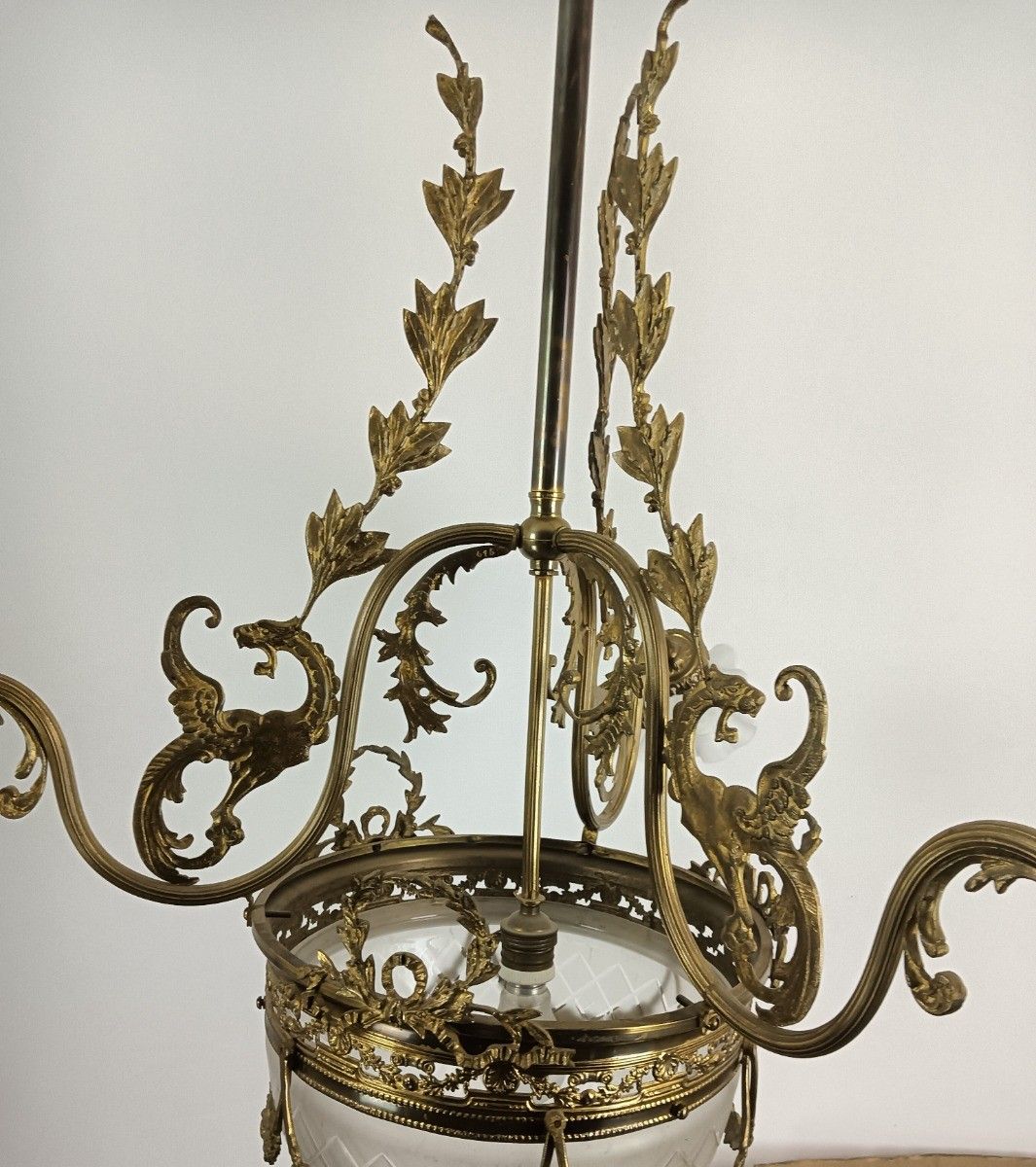Lighting Large Art Deco Antique Chandelier 4 Lights 3 Arm Decorative Etched Glass French photo