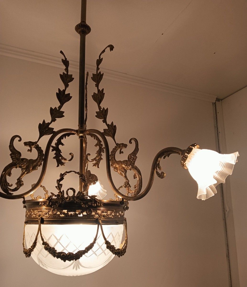 1341.0 Large Art Deco Antique Chandelier 4 Lights 3 Arm Decorative Etched Glass French photo