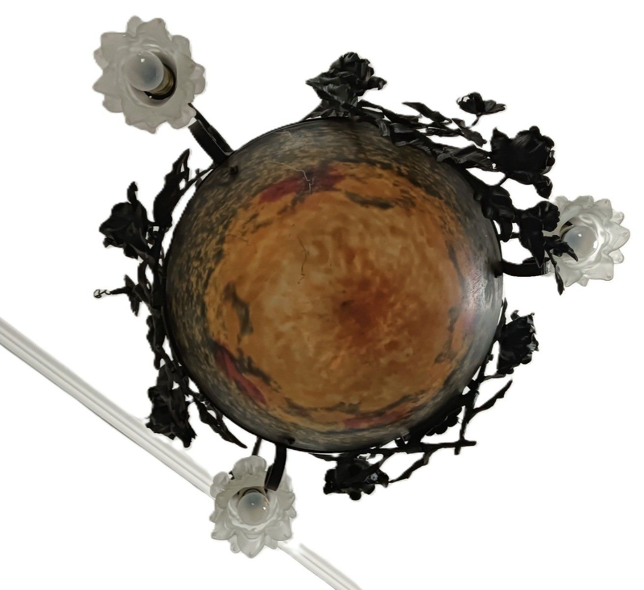 Large Wrought Iron Pate De Verre Shade 3 Arm 4 Lights Exquisite Antique Art Deco photo furniture