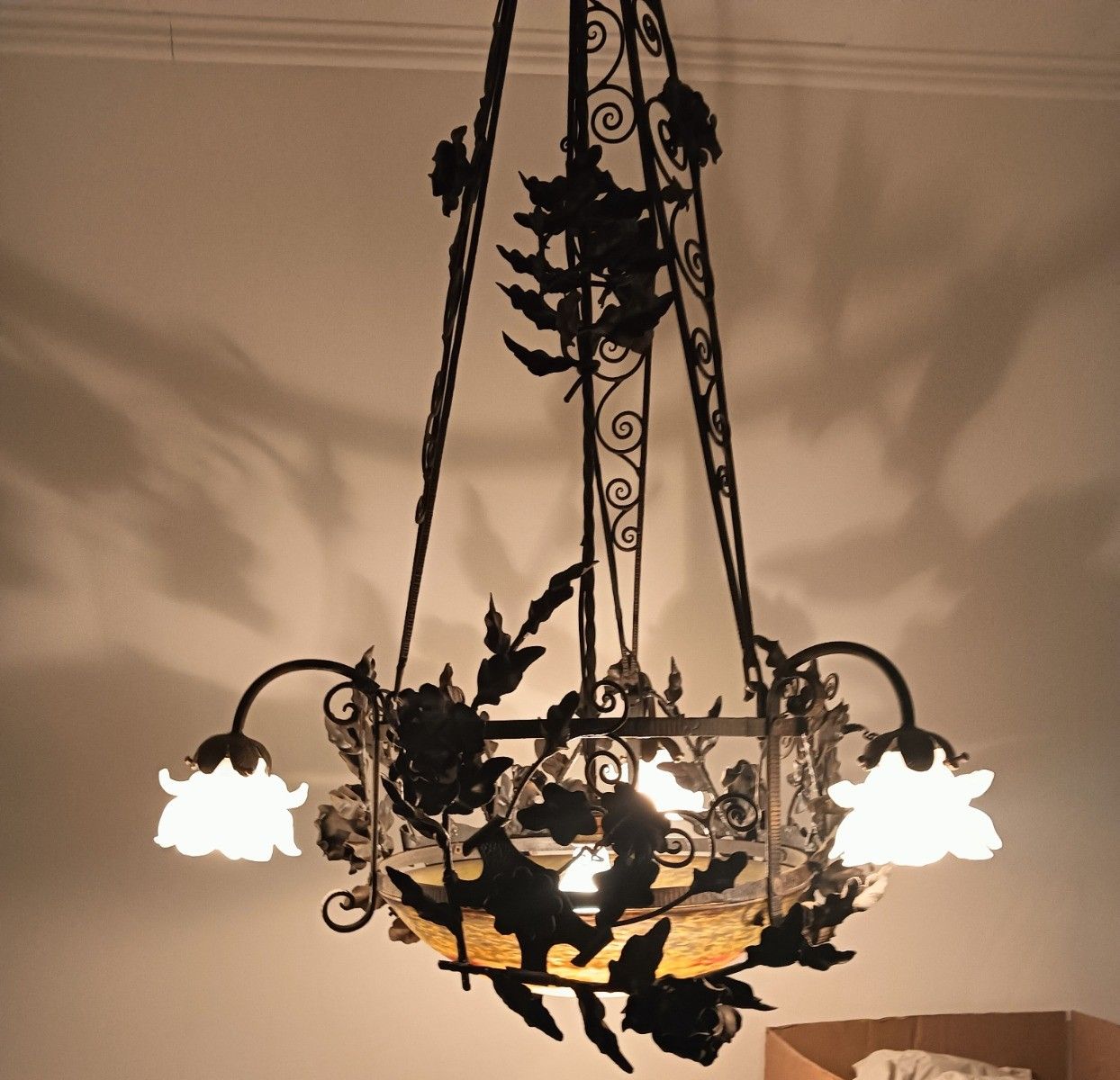 2459.0 Large Wrought Iron Pate De Verre Shade 3 Arm 4 Lights Exquisite Antique Art Deco photo