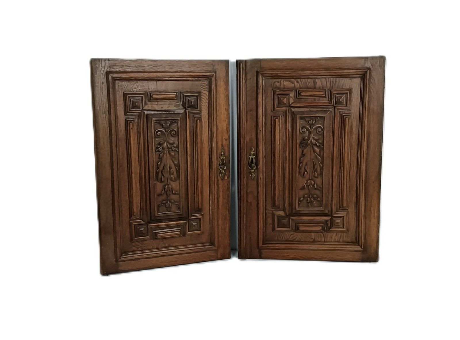 Pair Antique Door Panels Carved Wood  Architectural Reclaimed Salvaged Oak