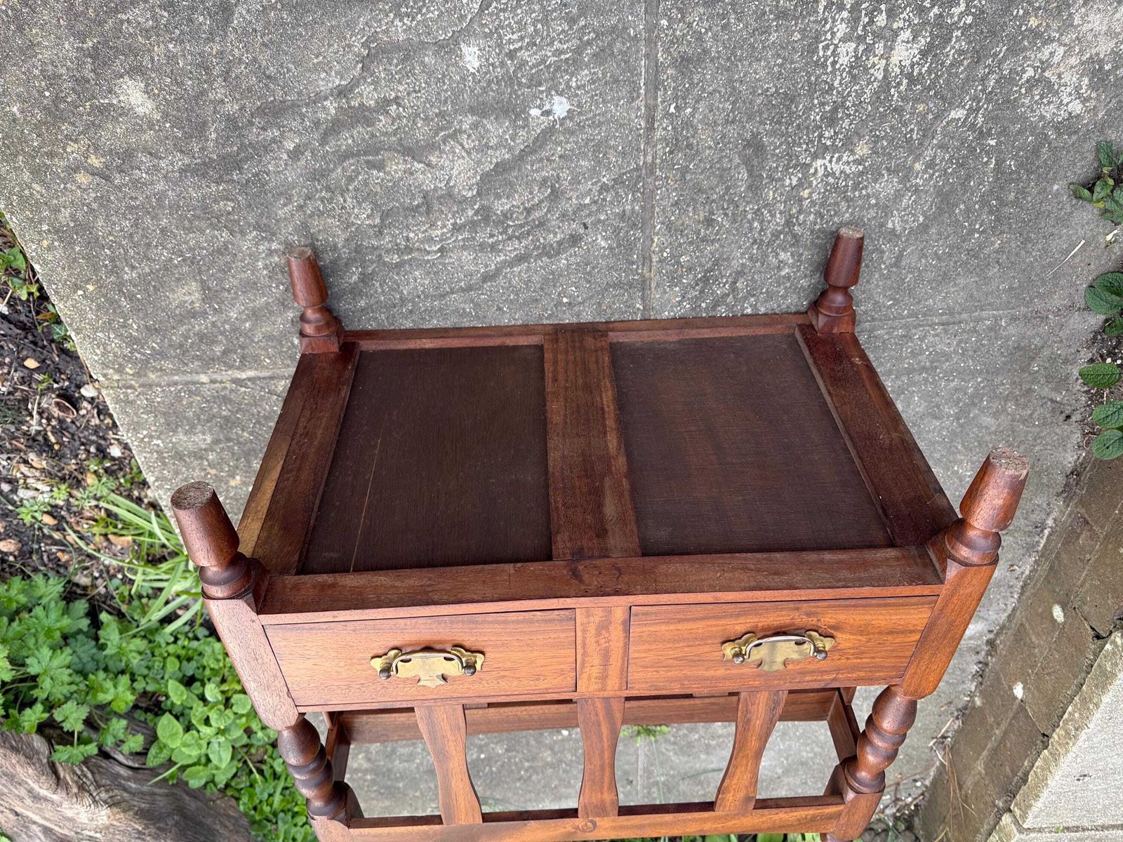 photo vintage Vintage Wooden Canterbury Magazine Rack With Drawers Turned Spindles Traditional Storage