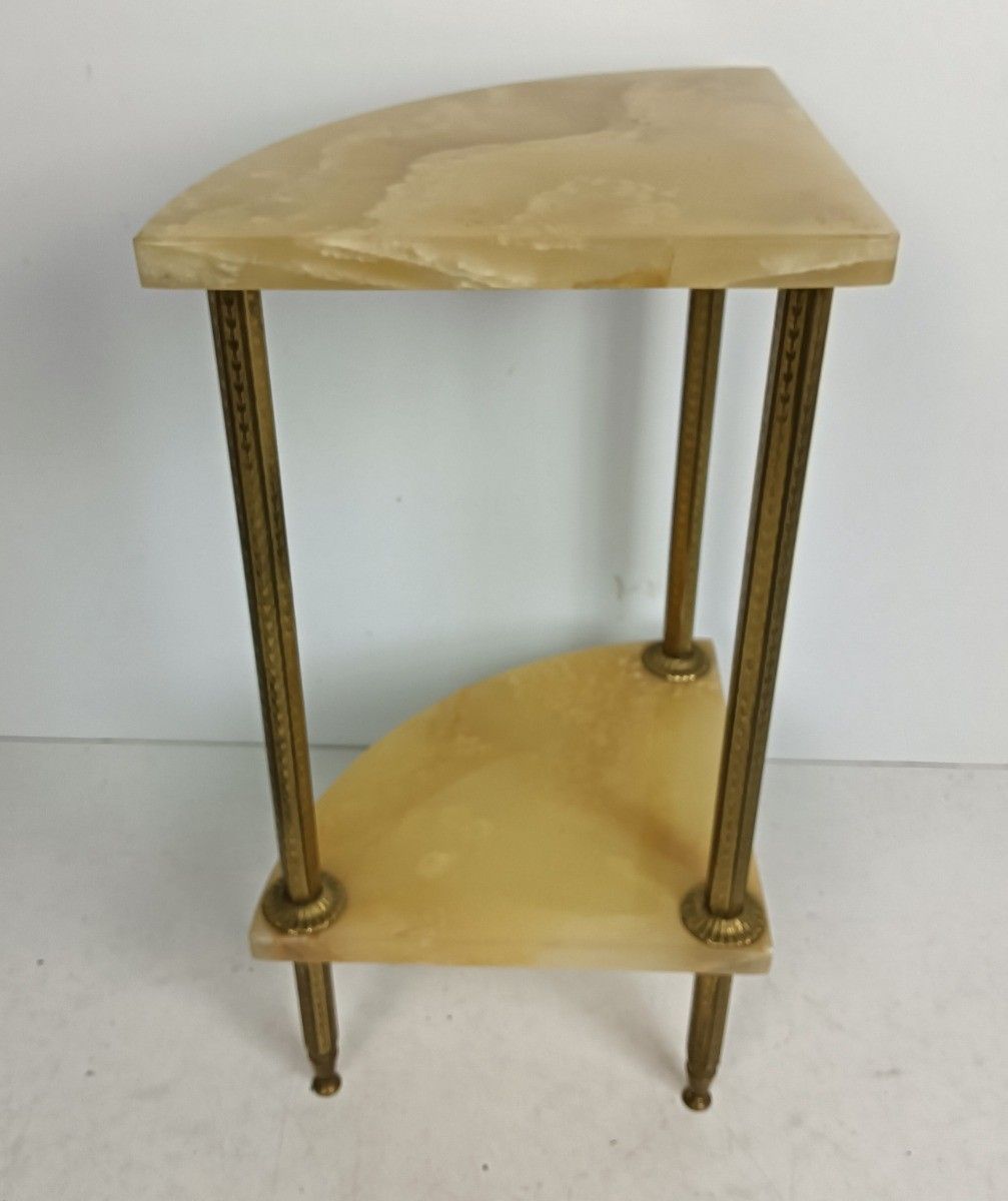 Mid Century Corner Pedestal Plant Stand Side Table Two Tier Brass Marble Hollywo photo for sale