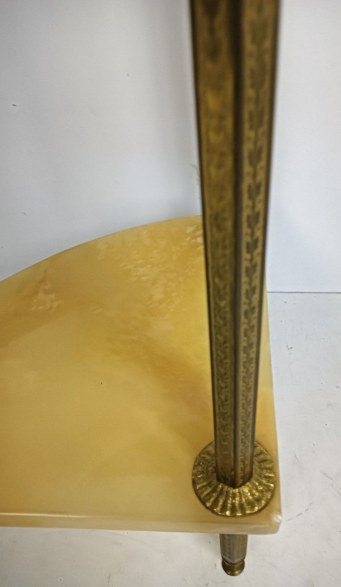Mid Century Corner Pedestal Plant Stand Side Table Two Tier Brass Marble Hollywo photo vintage