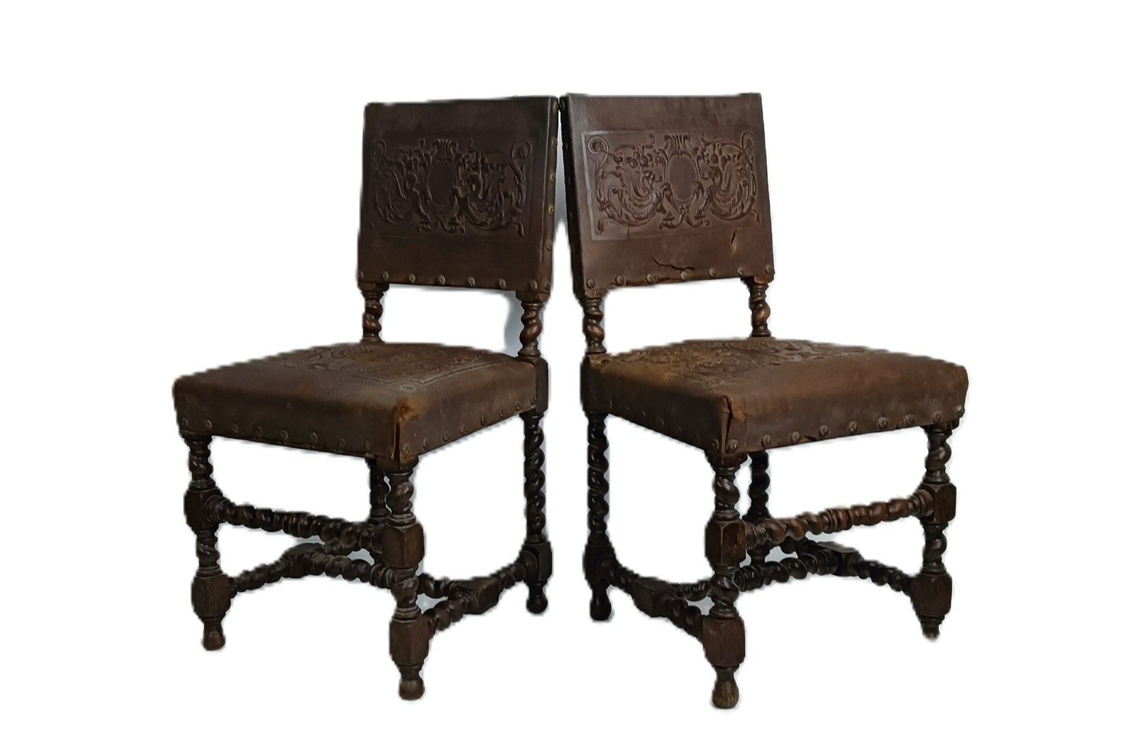 Set Of 2 Antique Gothic 1900s Chairs Barley Twist Wood Renaissance Dragons Leath
