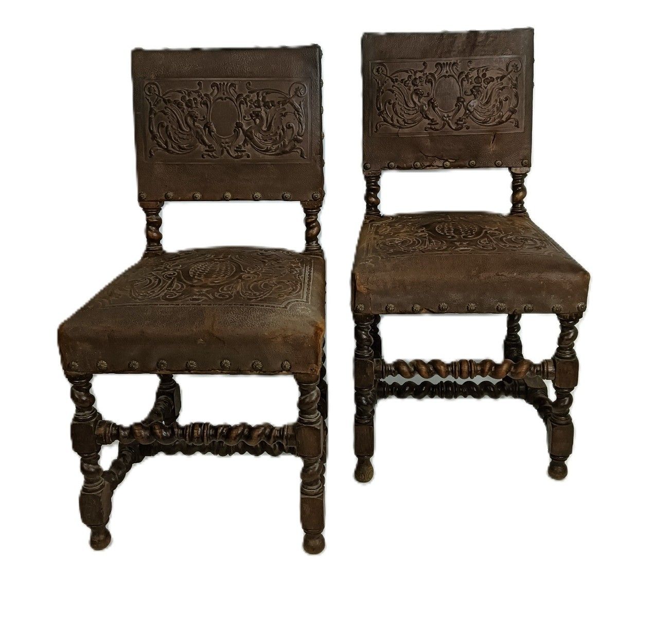 Set Of 2 Antique Gothic 1900s Chairs Barley Twist Wood Renaissance Dragons Leath photo furniture