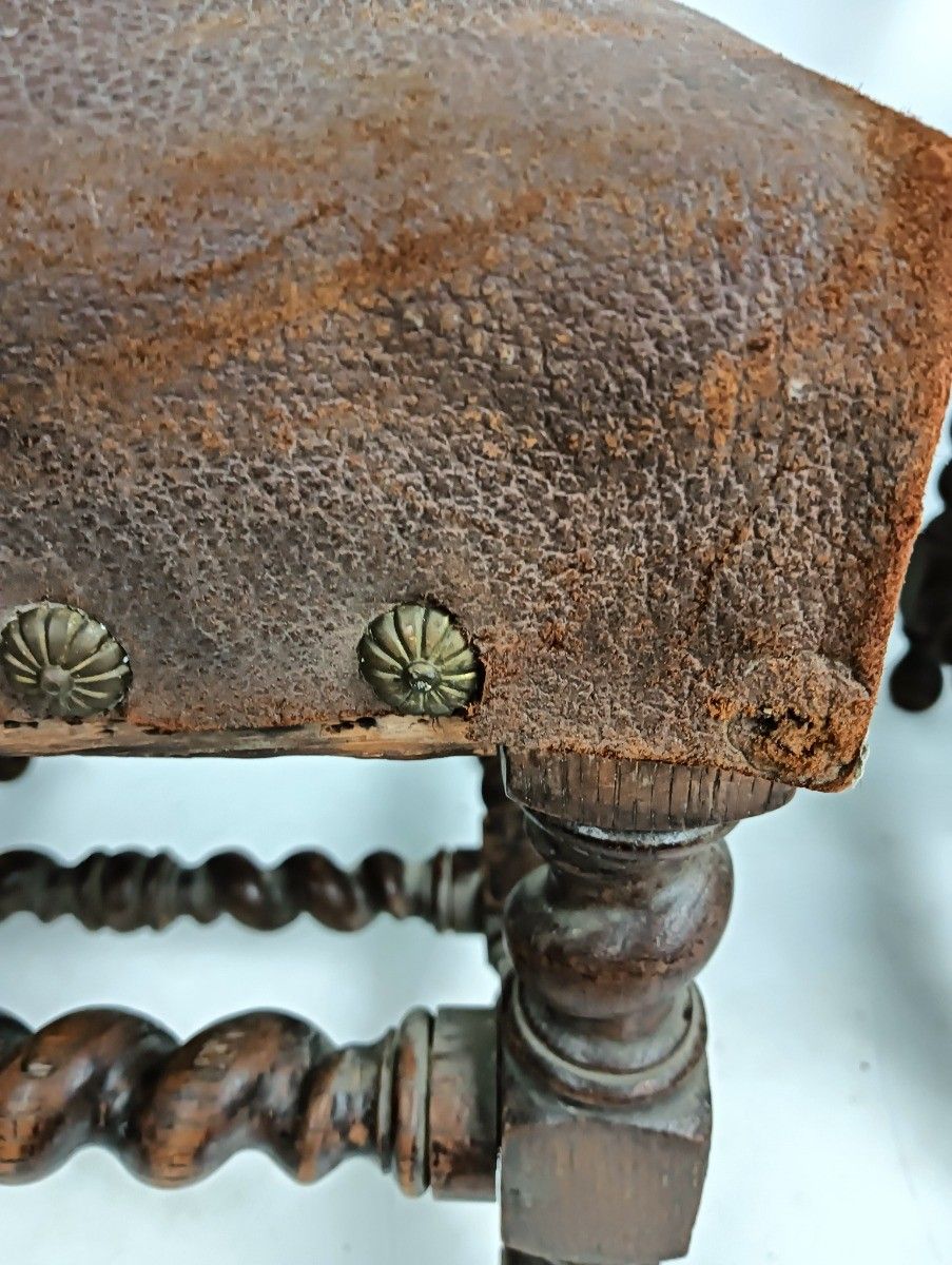 894.0 Set Of 2 Antique Gothic 1900s Chairs Barley Twist Wood Renaissance Dragons Leath photo