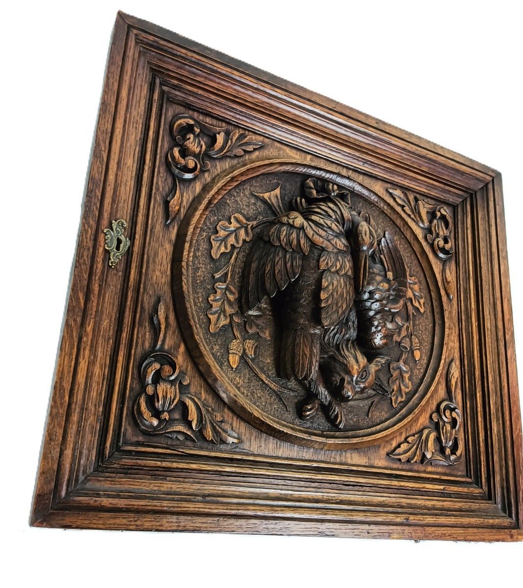Antique Carved Wood Door Panel Cabinet Pediment Hunt Rabbit Bird Pheasant Reclai photo buy