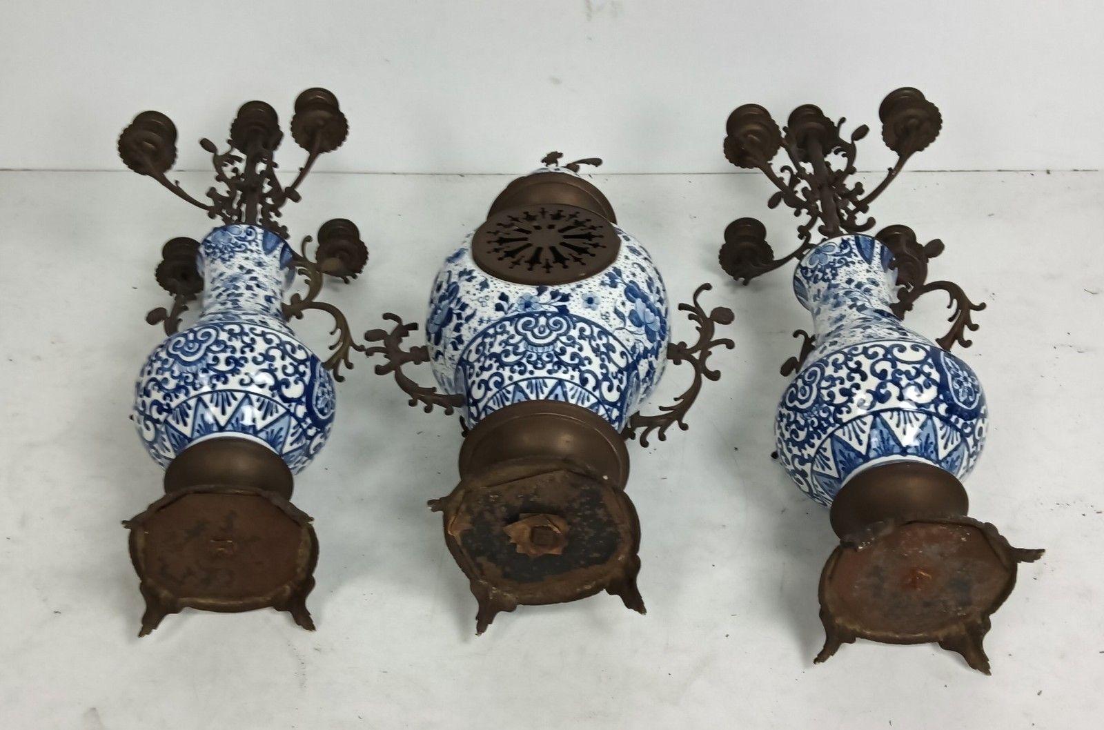 photo for sale 3 Piece Garniture Mantle Set Clock With Couple Candelabras Delft Blue White Porc