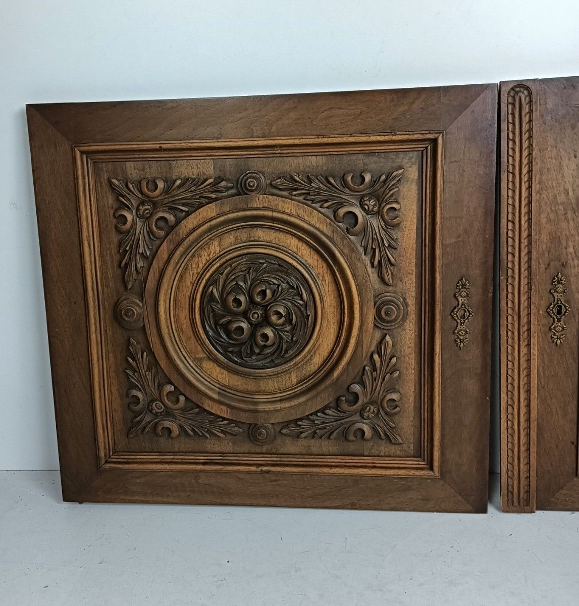 Antique Door Panels Couple  Hand Carved Wood Flower Rosette Architectural Salvag photo furniture