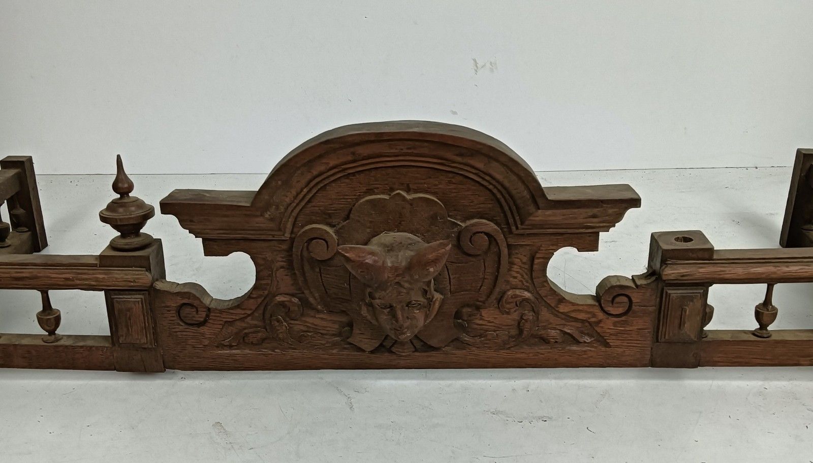photo furniture Large Antique Pediment Over Door Spindles Jester Carved Wood Side Panels
