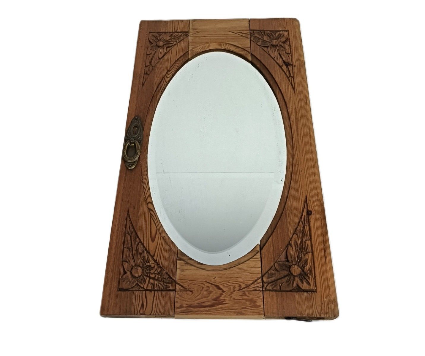 Small Cabinet Door Panel  Antique  Pine Wood Beveled Glass Mirror Reclaimed  Arc