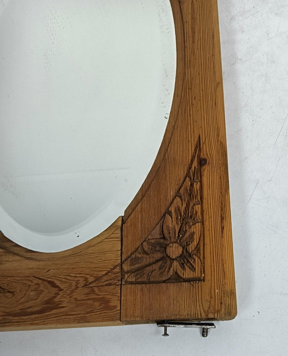 Small Cabinet Door Panel  Antique  Pine Wood Beveled Glass Mirror Reclaimed  Arc photo Home Decor