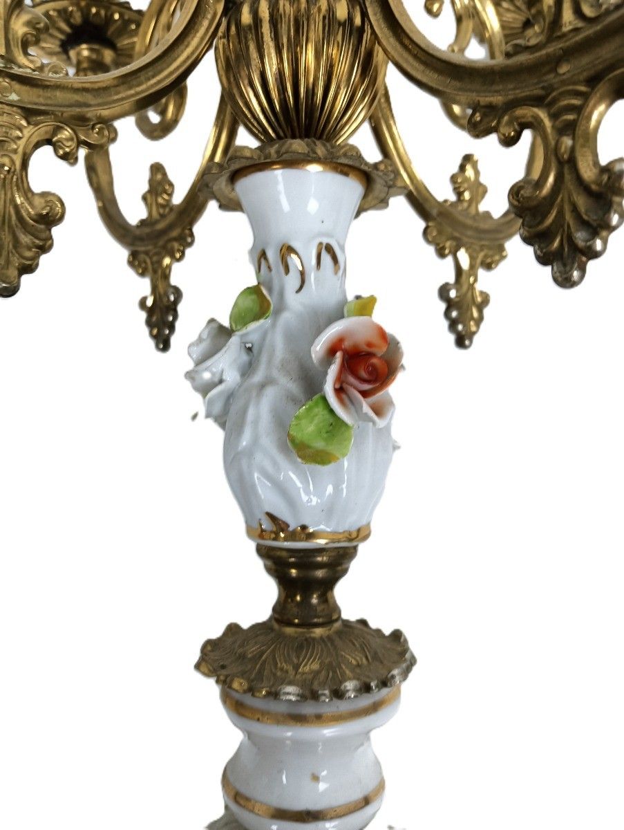 Vintage Candelabra Candle Stick Brass Porcelain 3d Flowers Modernist 4 Arm photo vinterior
