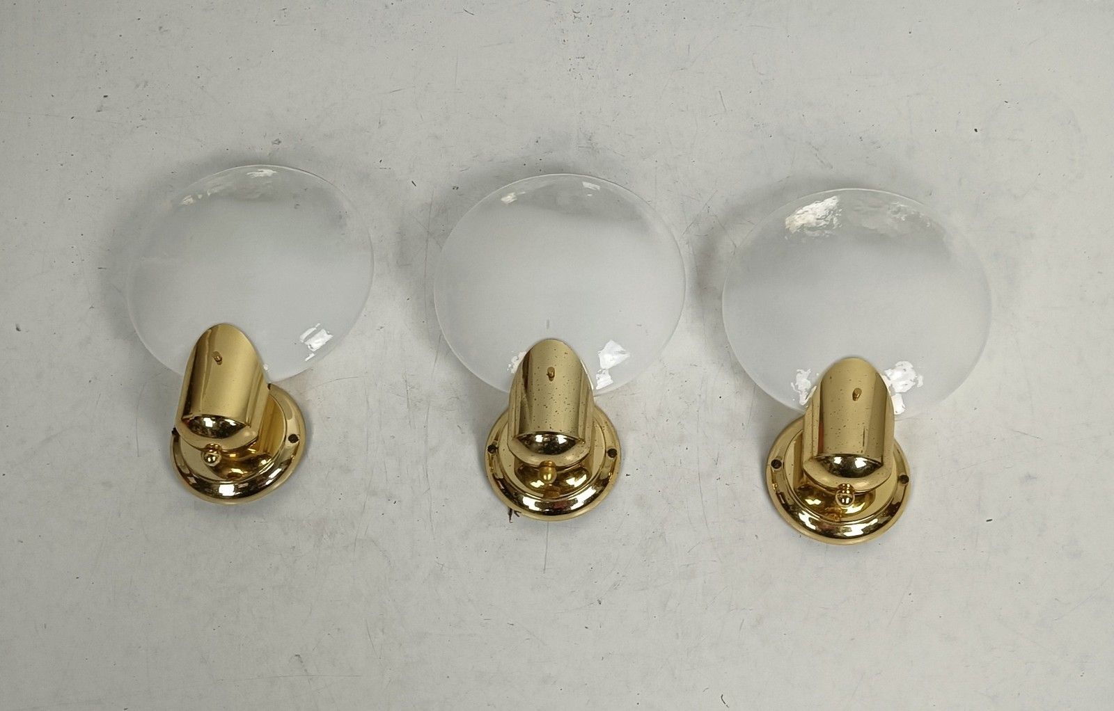 Set Of 3 Modernist Wall Sconces Art Glass Shades Brass Boulanger Belgium Wow photo 1611.0