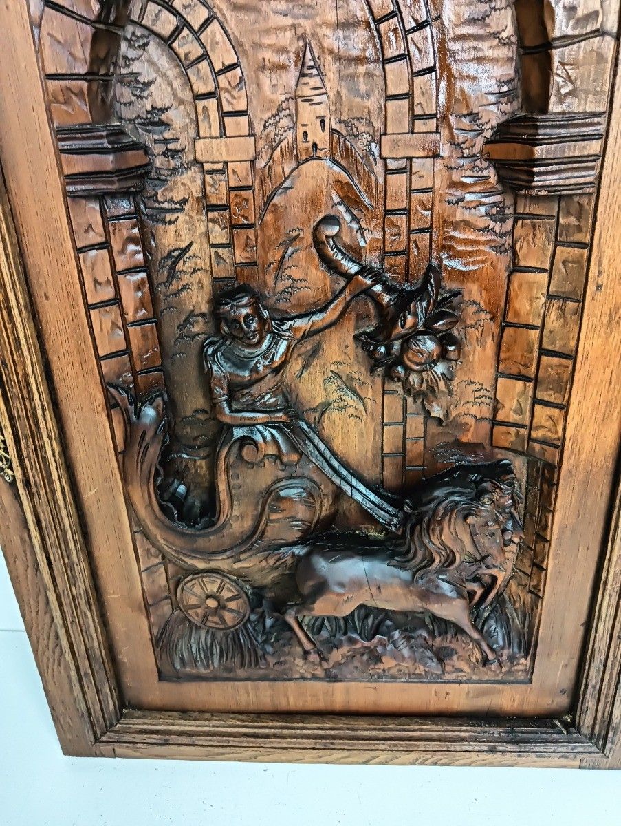 Antique Flemish Door Panel Carved Wood Wow Female Warrior Horses Reclaimed Archi photo 358.0