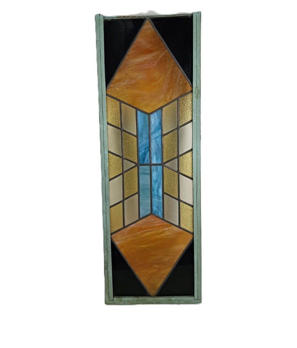 Xl Large Art Deco Antique Leaded Glass Framed Wood Geometric photo furniture