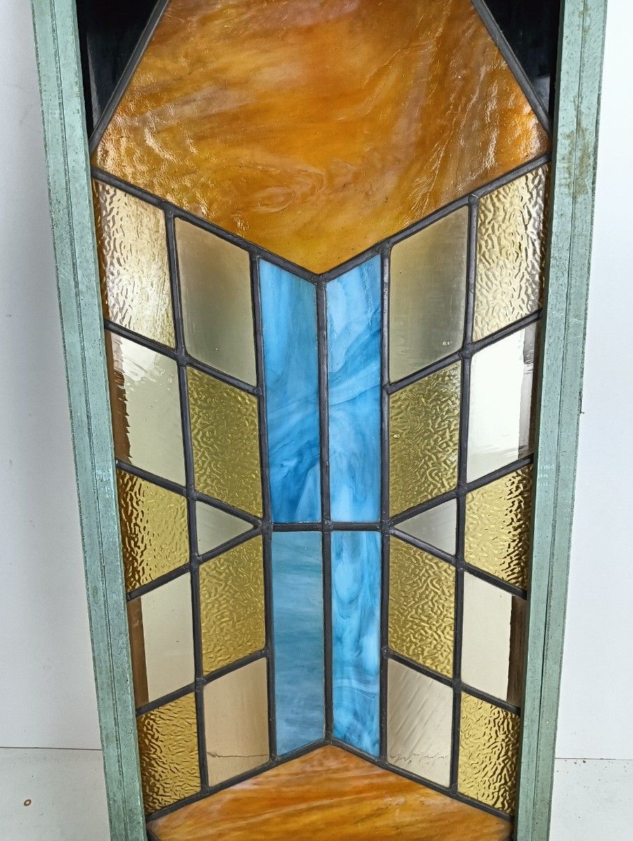 Xl Large Art Deco Antique Leaded Glass Framed Wood Geometric photo for sale