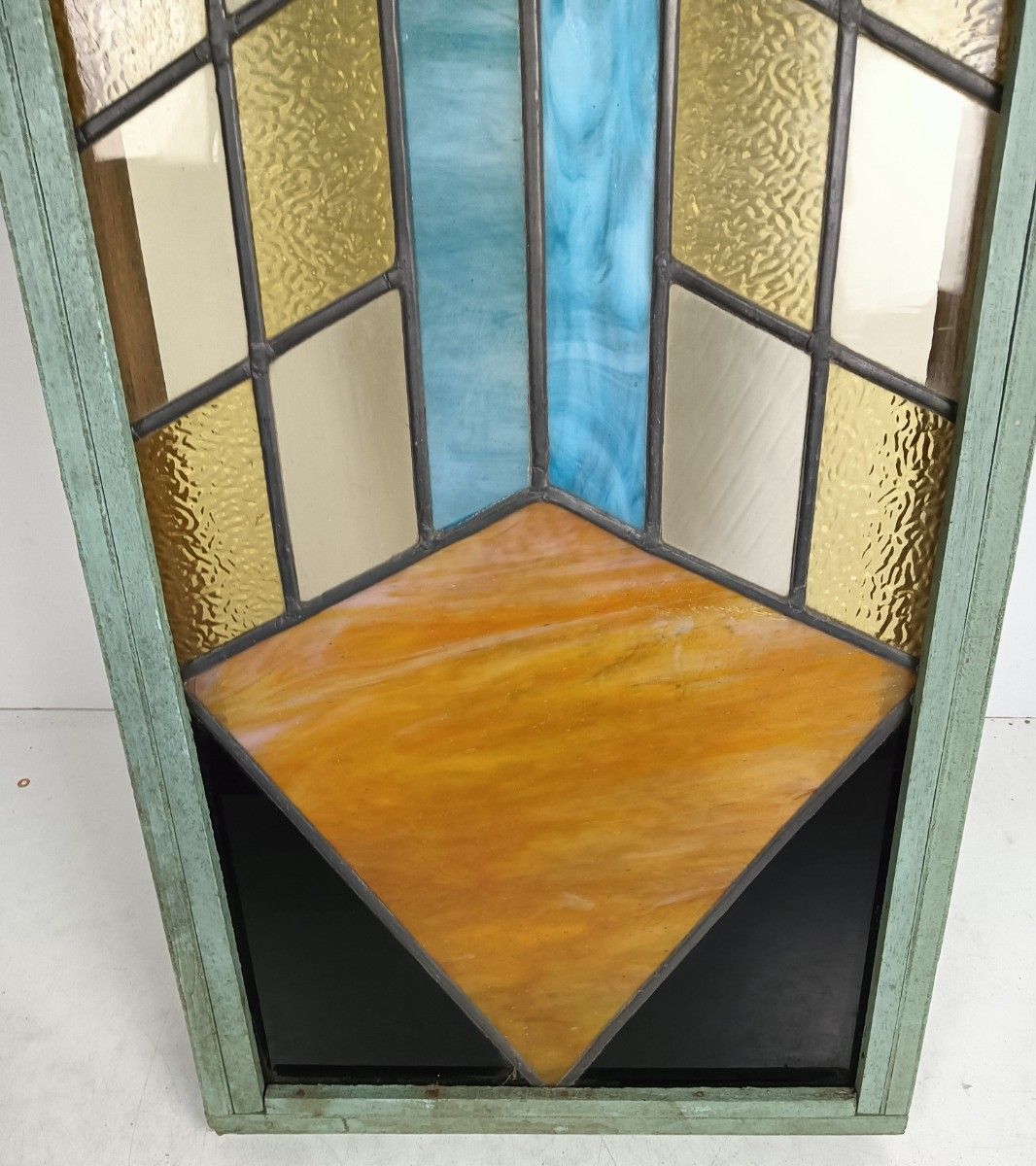 Xl Large Art Deco Antique Leaded Glass Framed Wood Geometric photo 537.0
