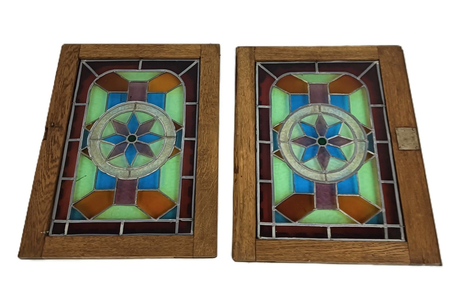 Pair Antique Wooden Leaded Glass Star Door Panels  Salvaged Reclaimed Architectu photo for sale