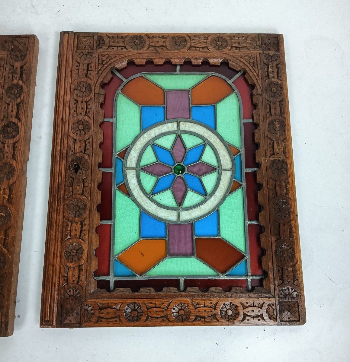 Pair Antique Wooden Leaded Glass Star Door Panels  Salvaged Reclaimed Architectu photo 492.0