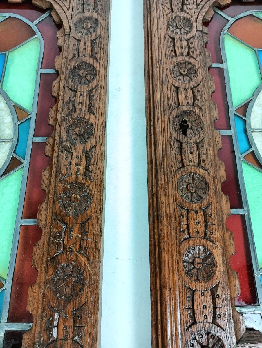 Pair Antique Wooden Leaded Glass Star Door Panels  Salvaged Reclaimed Architectu photo buy