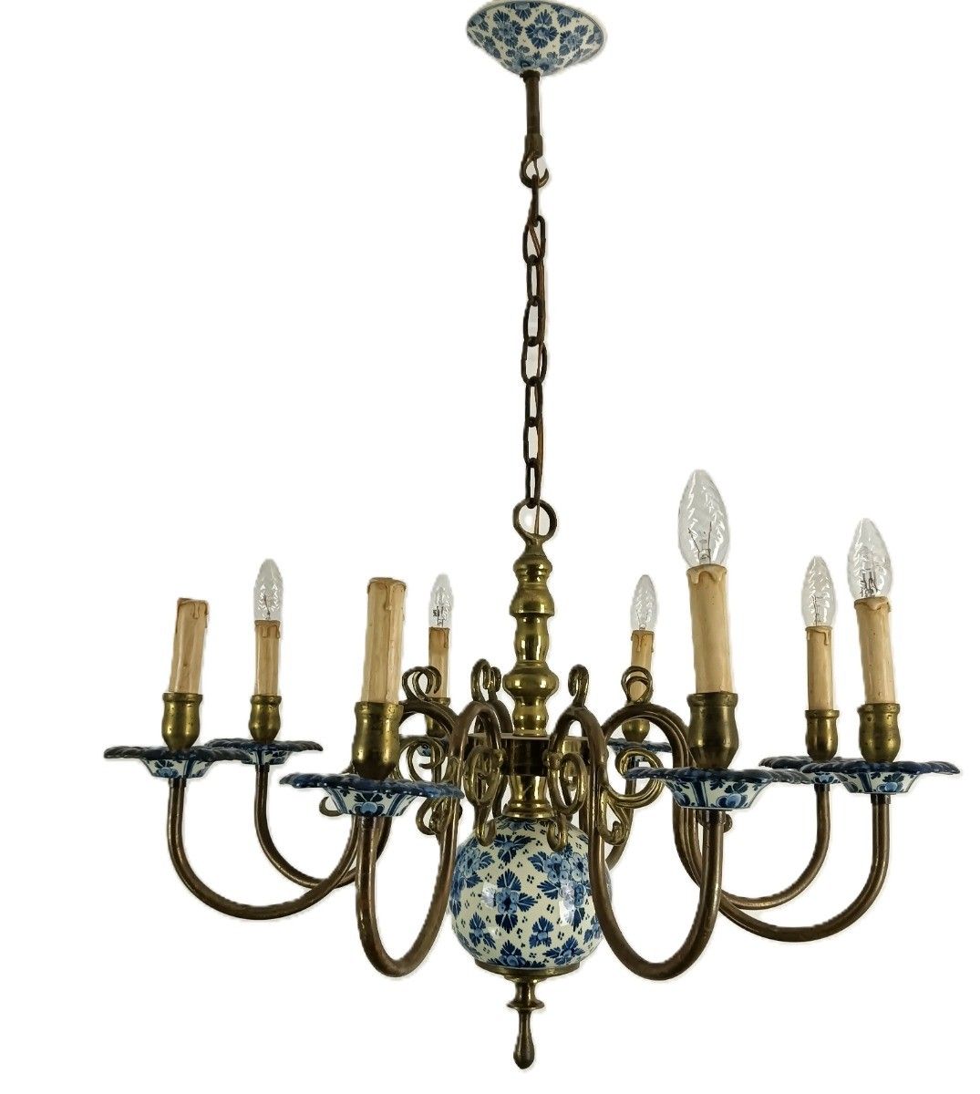 Vintage Delft Blue White Chandelier 8 Arm Lights Marked Barn Style Gorgeous