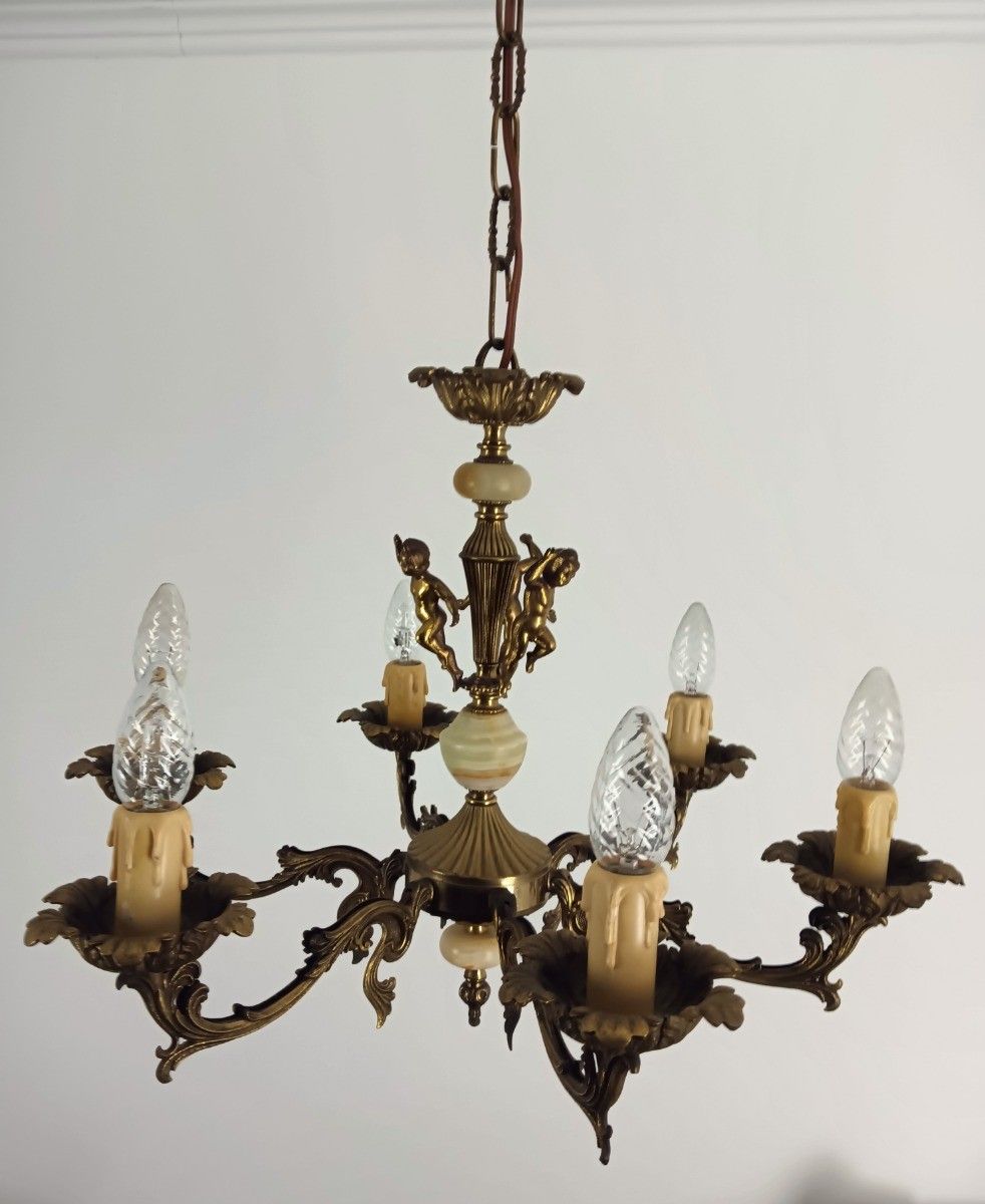 Chandelier 6 Lights Arms Putti Hollywood Regency Spelter Marble Vintage photo buy