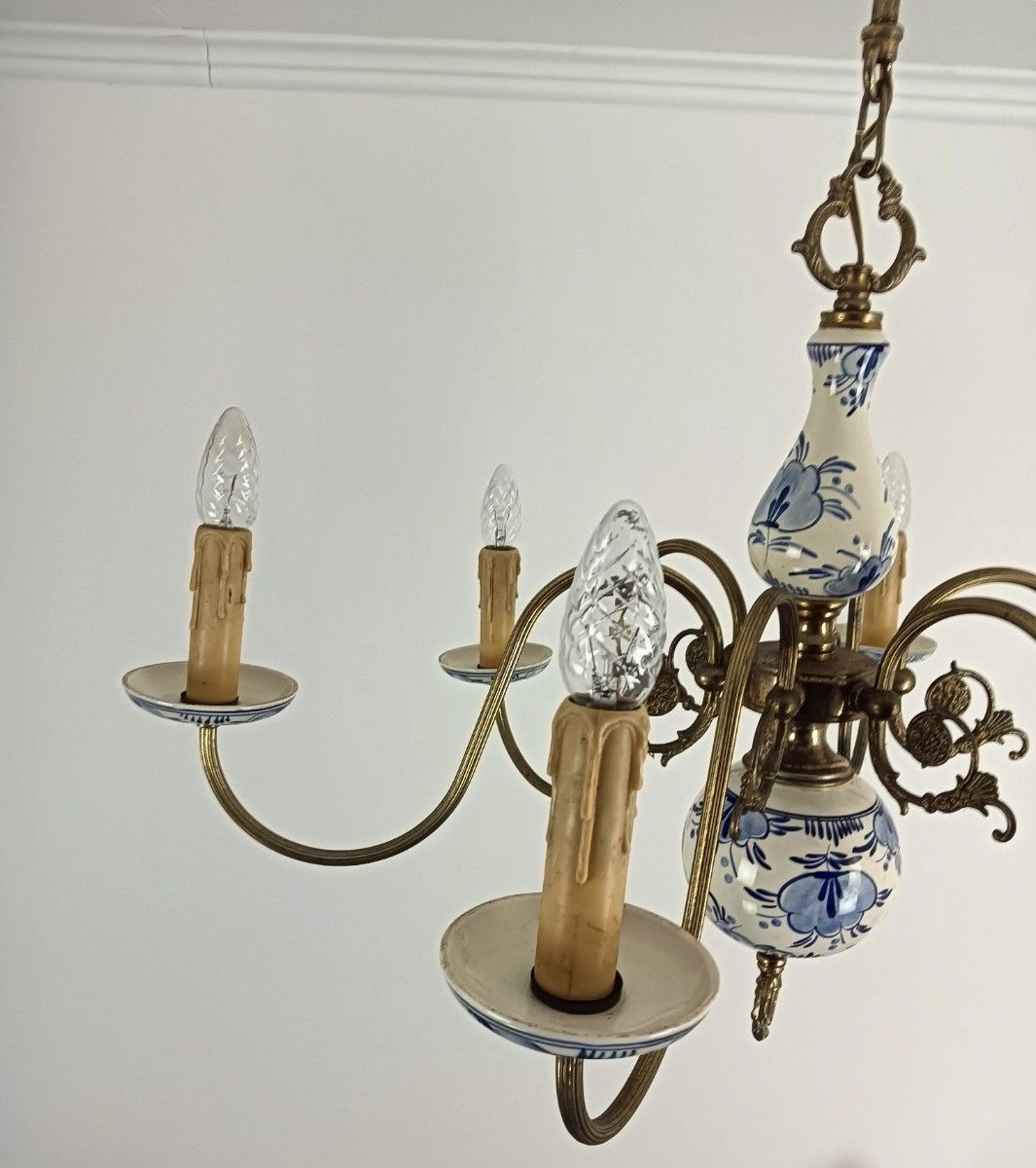 Delft Chandelier Blue White 6 Arm 6 Lights Modernist Vintage Porcelain Brass photo buy