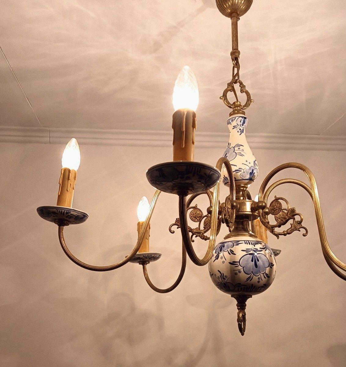 photo for sale Delft Chandelier Blue White 6 Arm 6 Lights Modernist Vintage Porcelain Brass
