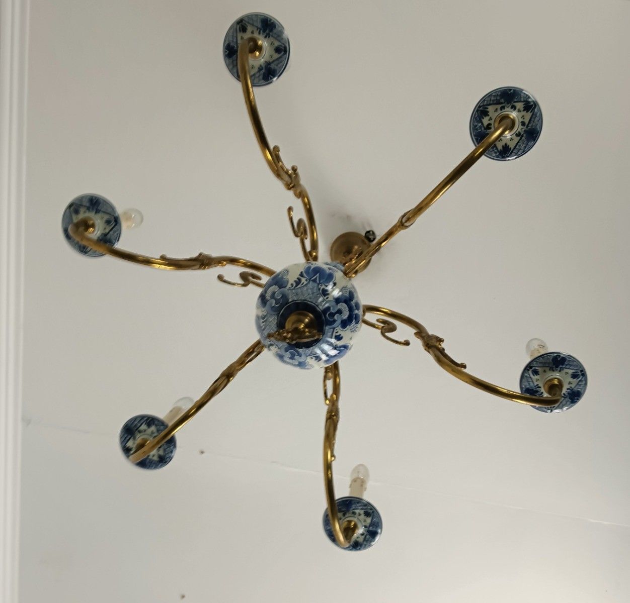 Delft Chandelier Fixture Blue White Porcelain Brass, 6 Arm Lights Barn Style photo Lighting