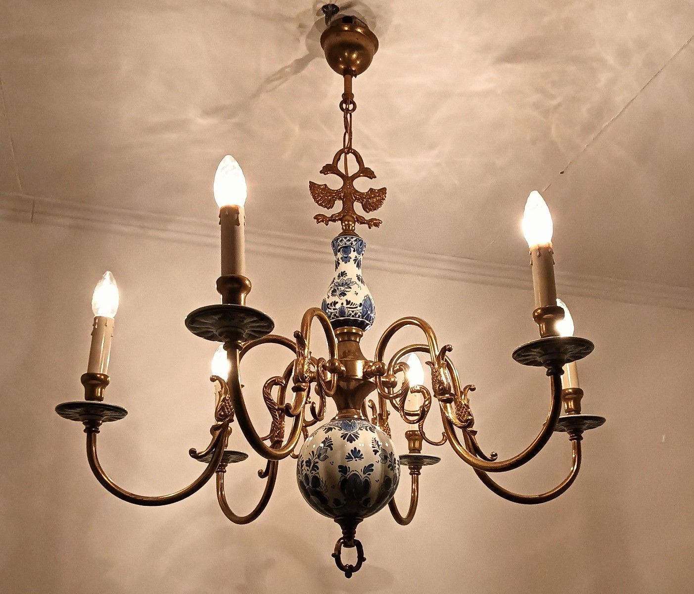 Lighting Delft Chandelier Fixture Blue White Porcelain Brass, 6 Arm Lights Barn Style photo