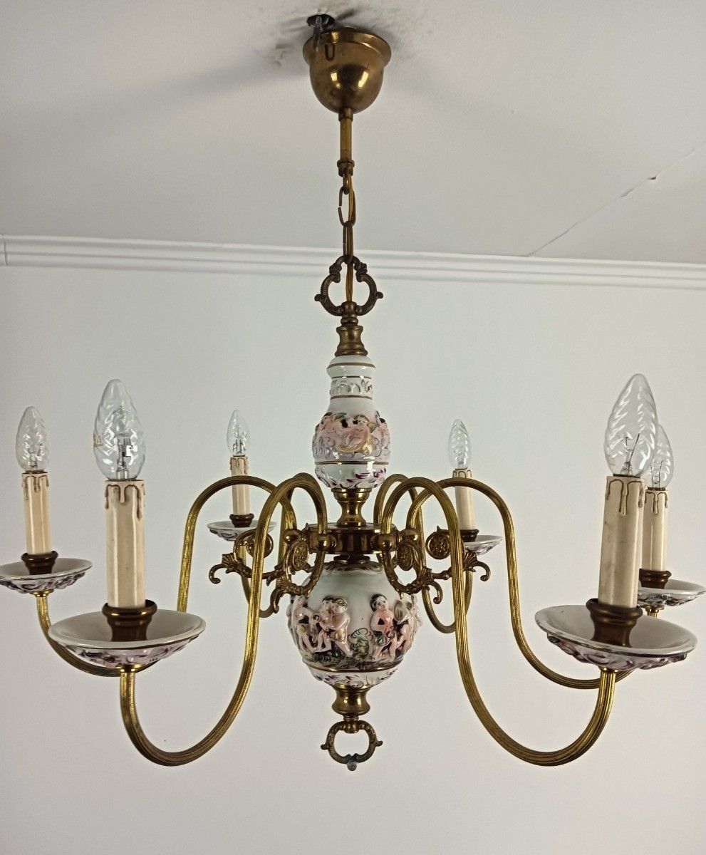 Capodimonte Porcelain Chandelier 6 Arm Lights, White,  Italy Brass Putti Vintage photo 628.0