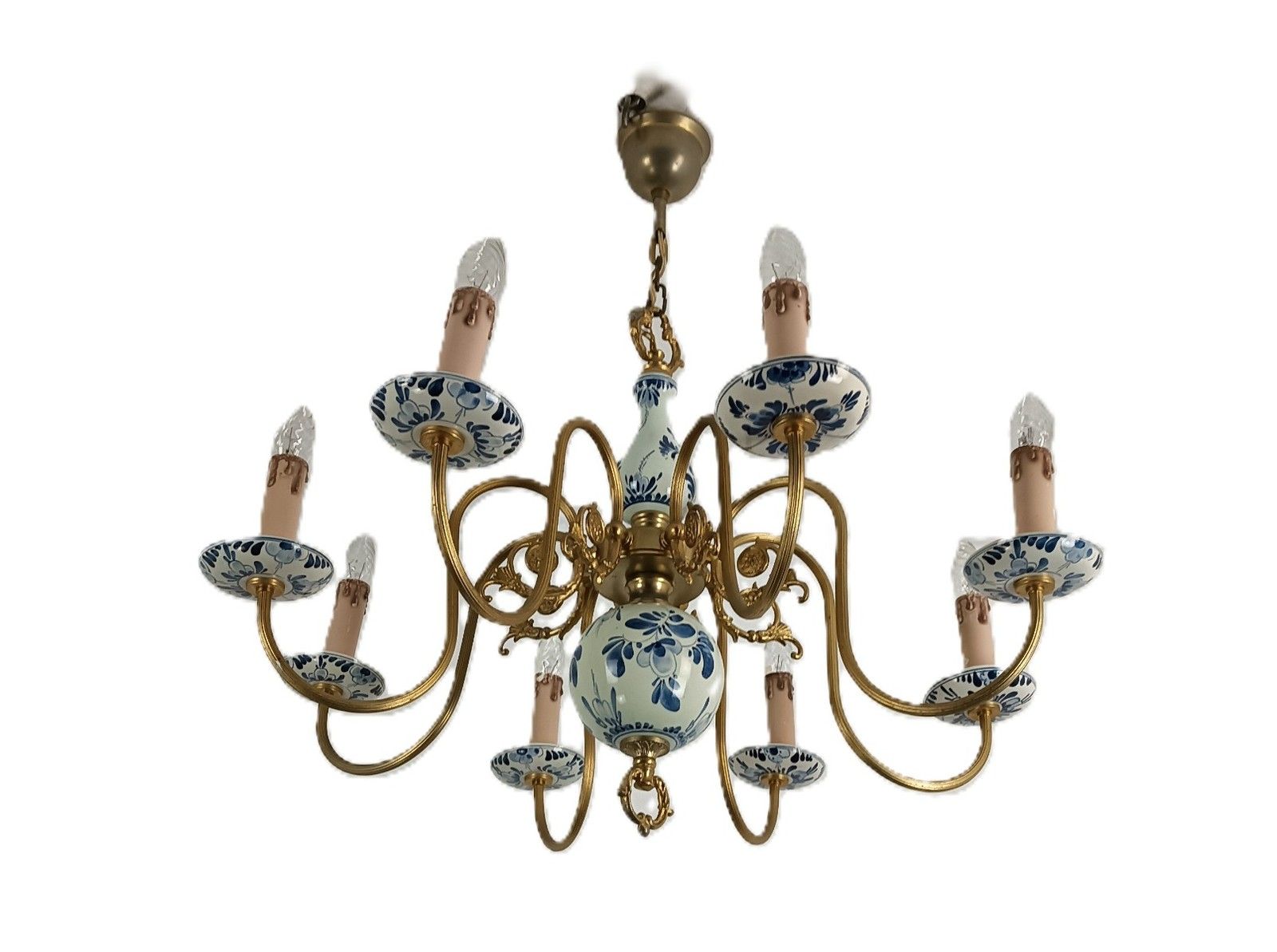 Large Delft Chandelier Blue White Porcelain Brass 8 Arm Lights Vintage Barn Styl photo furniture