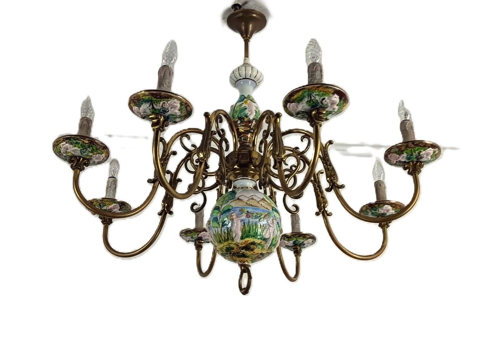 Xl Porcelain Capodimonte Porcelain Brass 8 Arm Lights Italy Vintage photo for sale