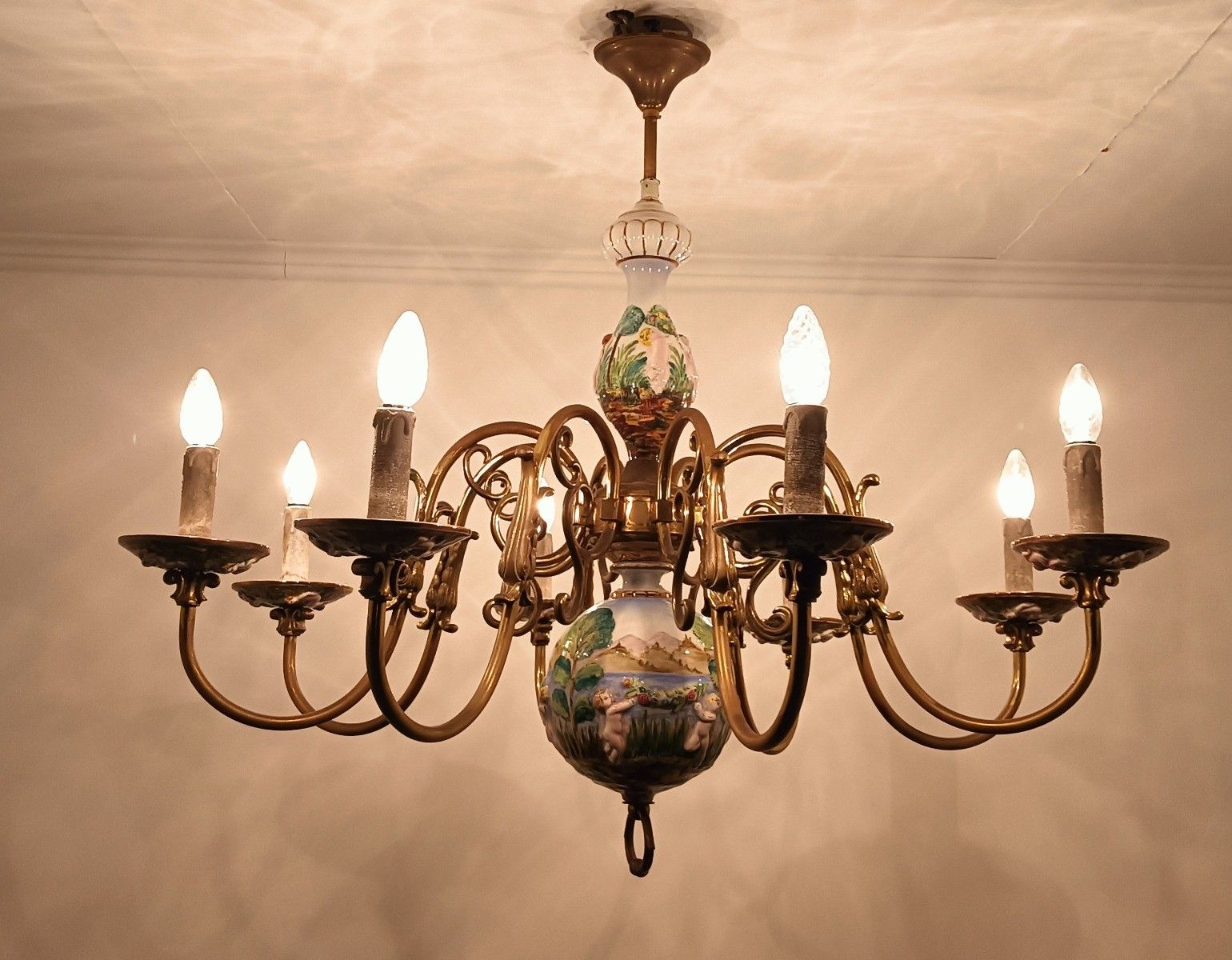 photo for sale Xl Porcelain Capodimonte Porcelain Brass 8 Arm Lights Italy Vintage