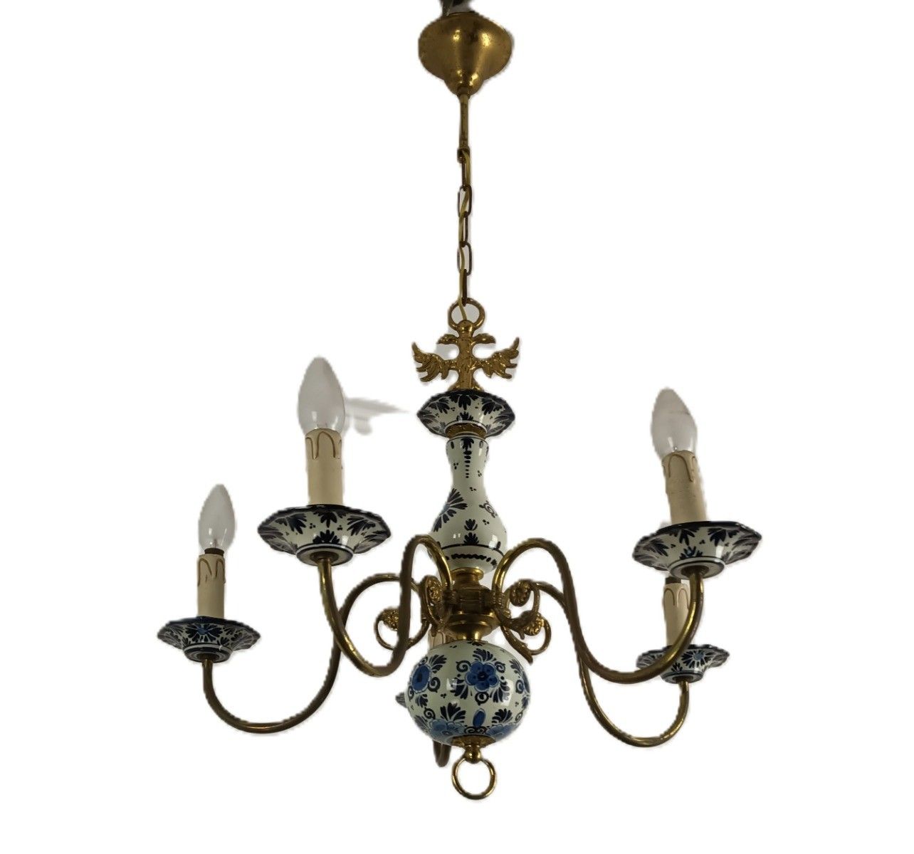 Delft Chandelier Porcelain Blue White 5 Arm Lights Vintage Barn Style