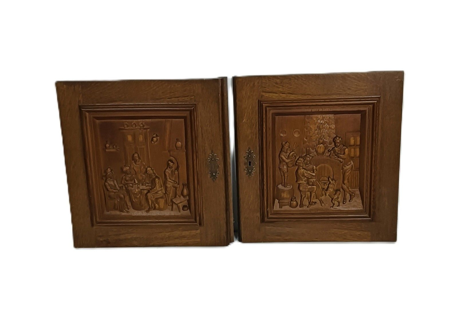 Pair Vintage  Carved Wood Breughel Style  Door Panels Reclaimed Architectural Ca