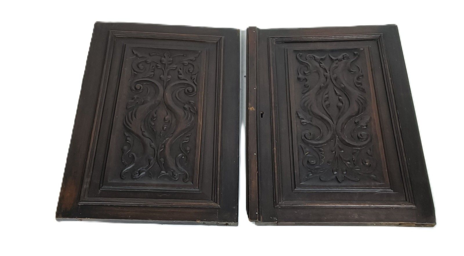 Pair Door Panels Antique Hand Carved Ornate Leafs Architectural Salvaged