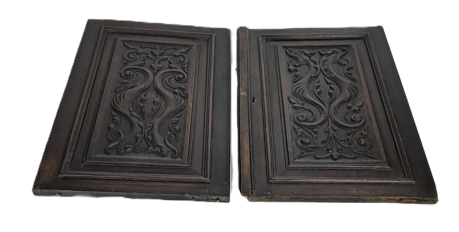 Pair Door Panels Antique Hand Carved Ornate Leafs Architectural Salvaged photo for sale