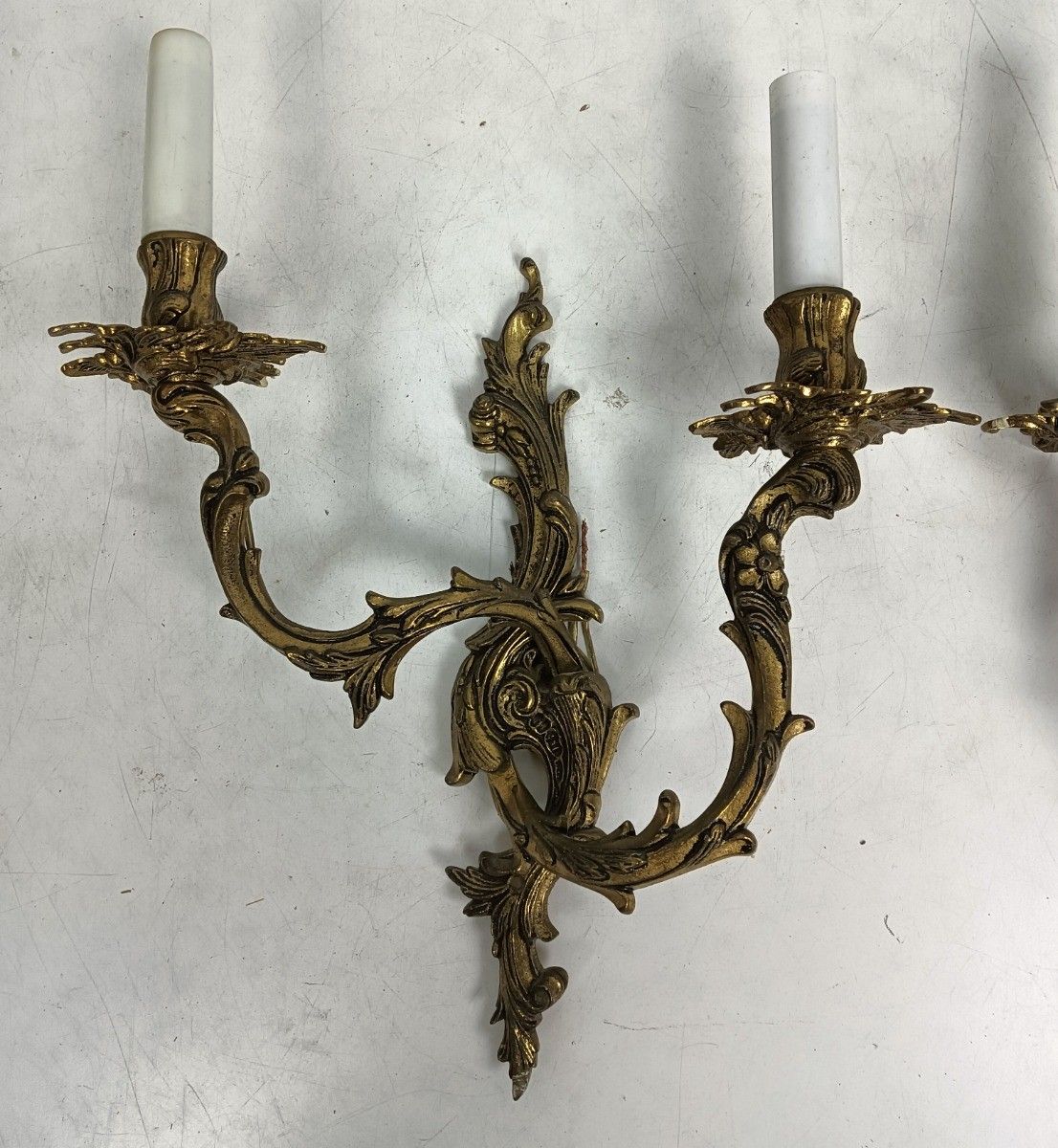 Pair Brass Hollywood Regency Ornate  Double Wall Sconces Vintage Modernist photo Lighting