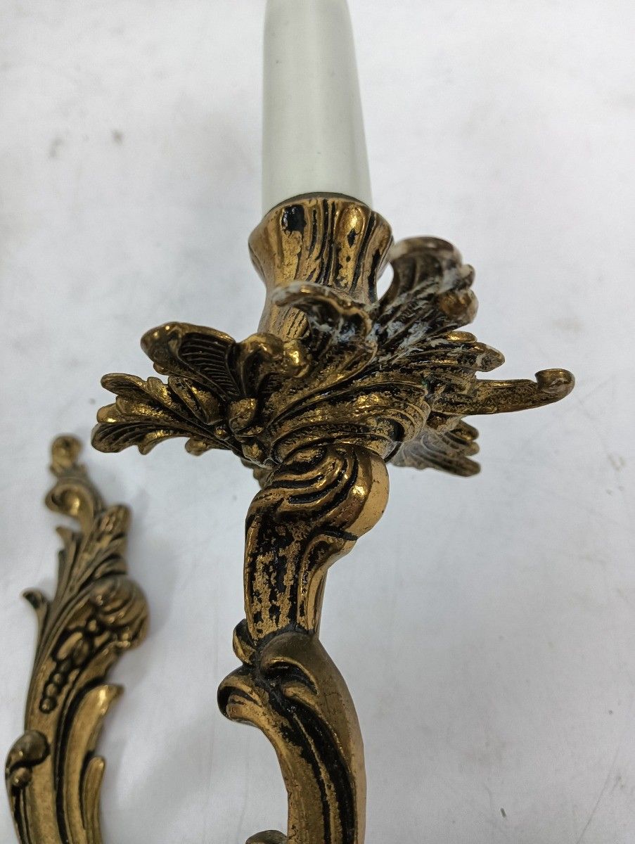 photo furniture Pair Brass Hollywood Regency Ornate  Double Wall Sconces Vintage Modernist